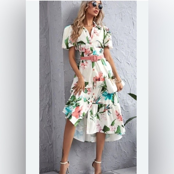 Elegant Floral High-Low Dress with Belt - Picture 1 of 8